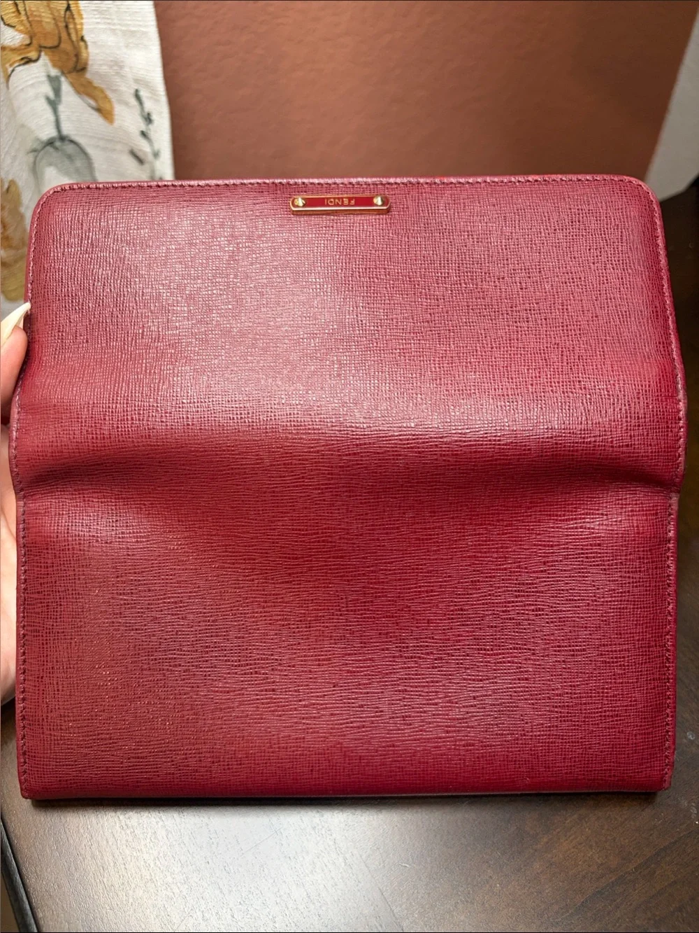 Fendi Burgundy Textured Leather Continental Wallet with Gold Plate with COA